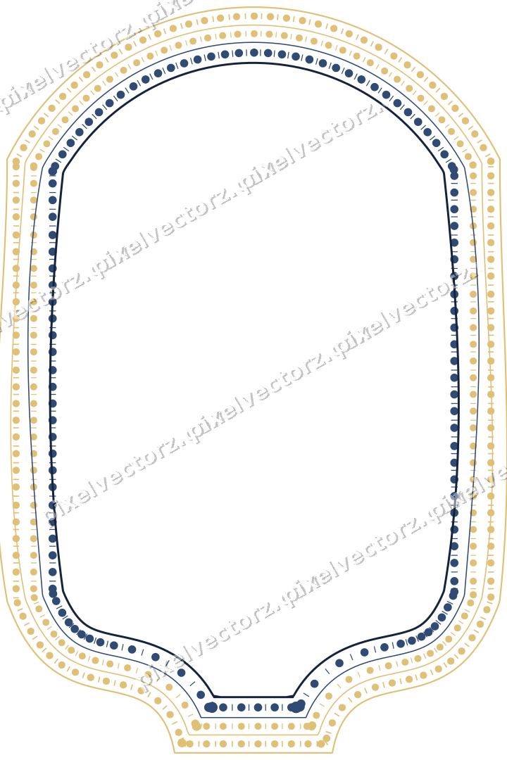 Decorative line art frame in dark blue and amber with label plaque