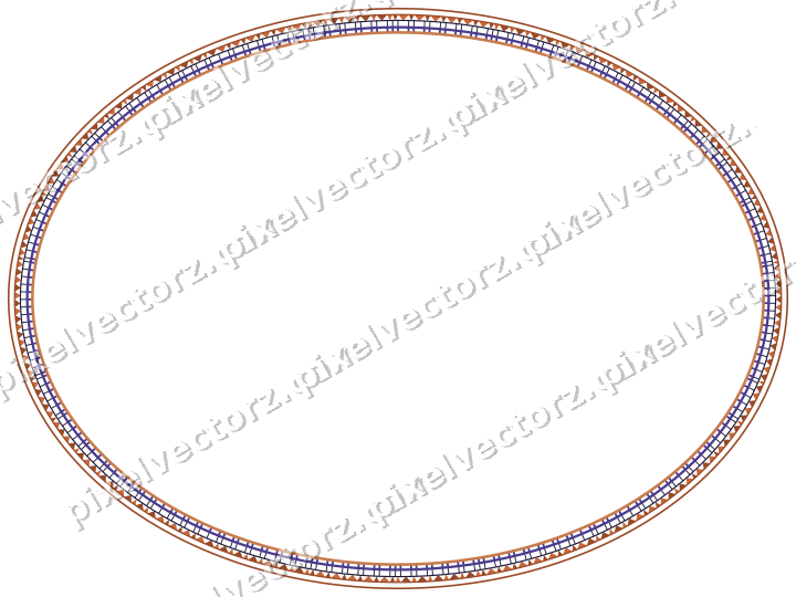 Decorative line art frame in orange and blue with oval and dentil