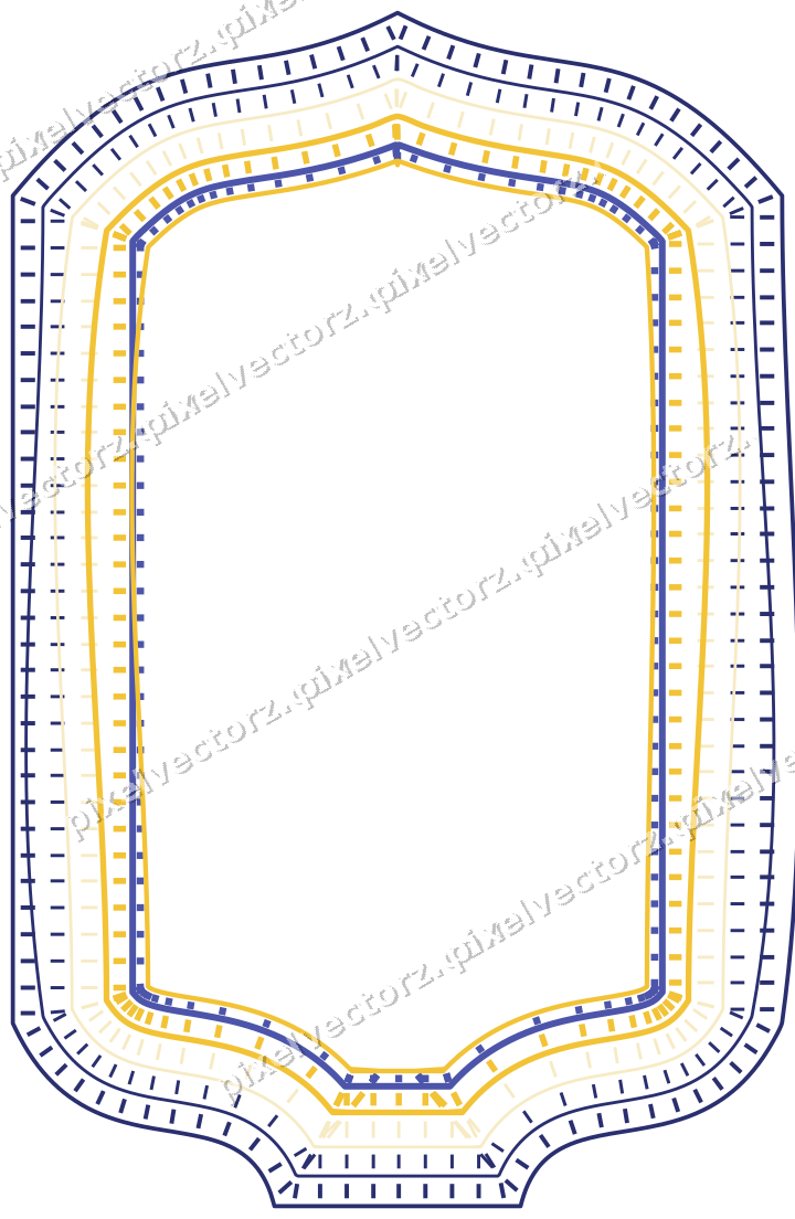 Decorative line art frame in dark blue and amber with label plaque