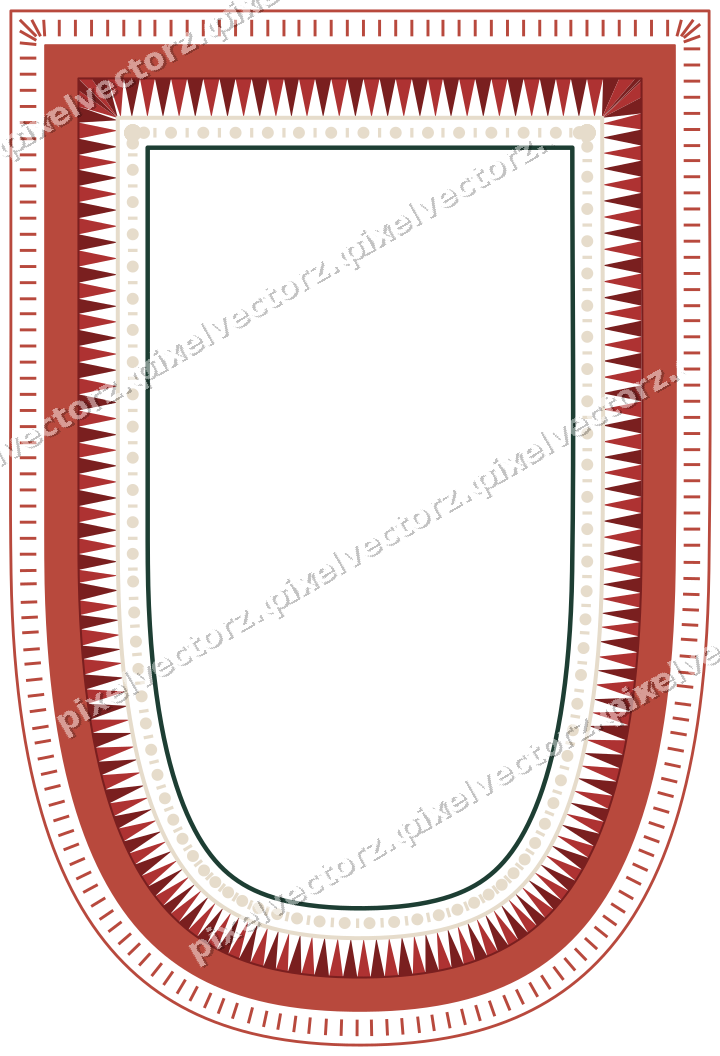 Decorative line art frame in dark red and dark green with shield