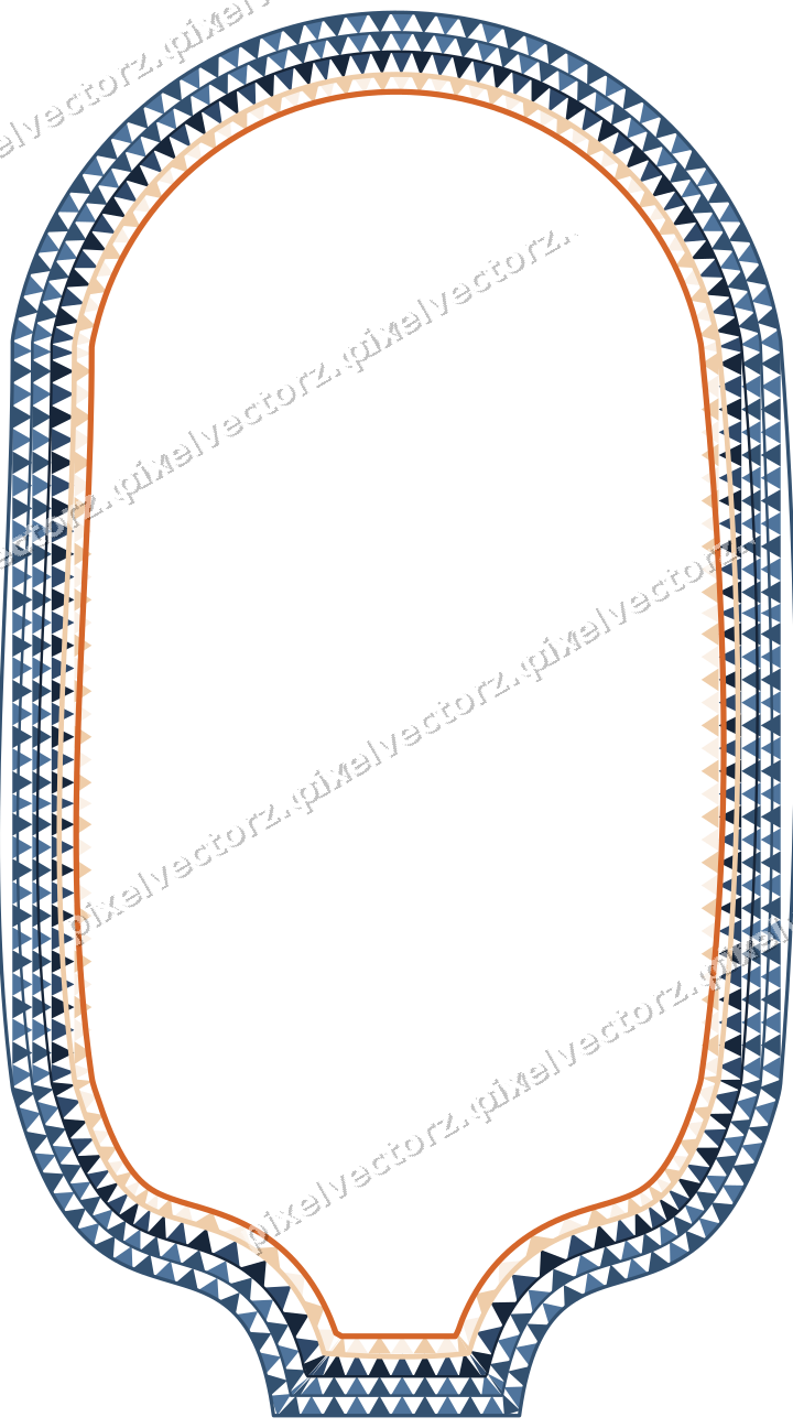 Decorative line art frame in dark blue and orange with label plaque