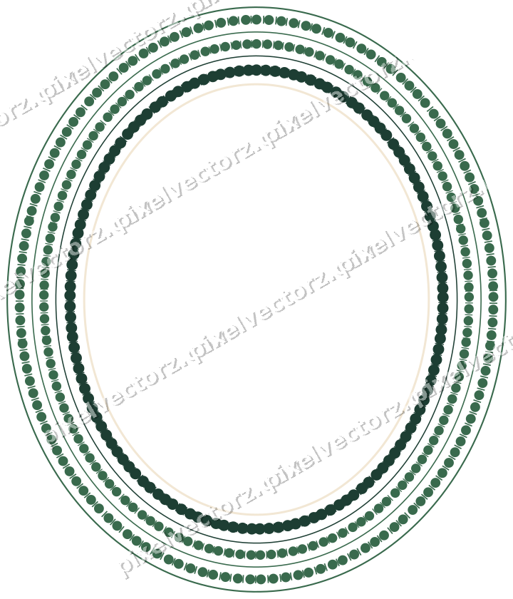 Decorative line art frame in dark green and red with oval