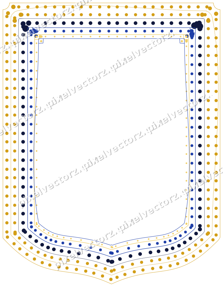 Decorative line art frame in amber and blue with label plaque