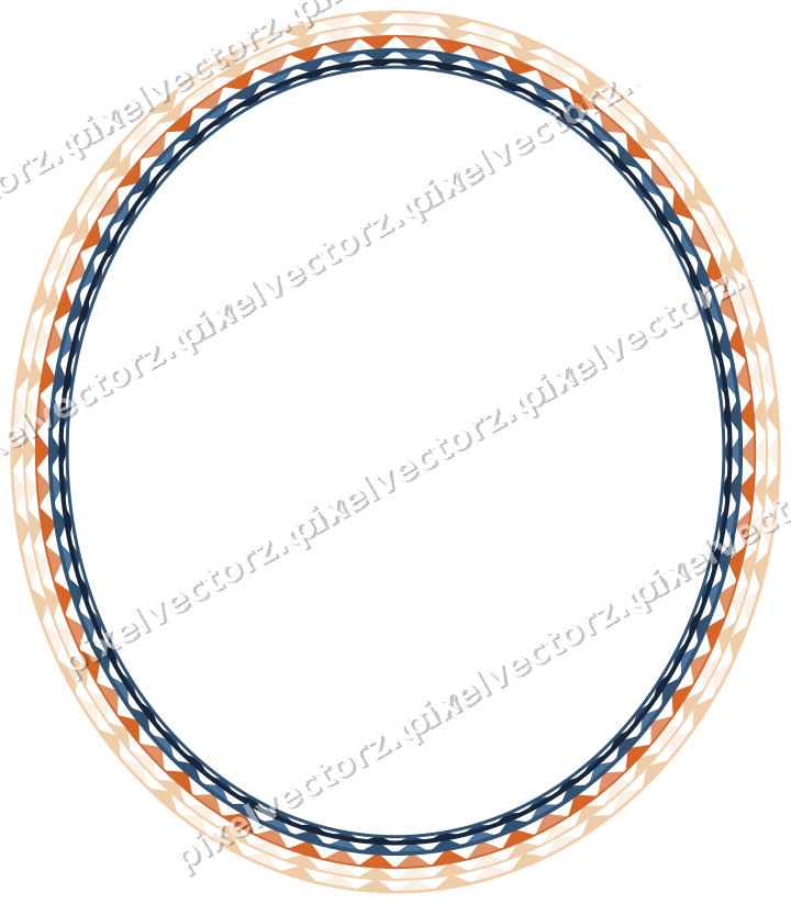 Decorative line art frame in dark blue and orange with oval and dentil
