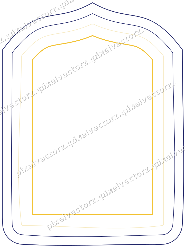 Decorative line art frame in dark blue and amber with label plaque