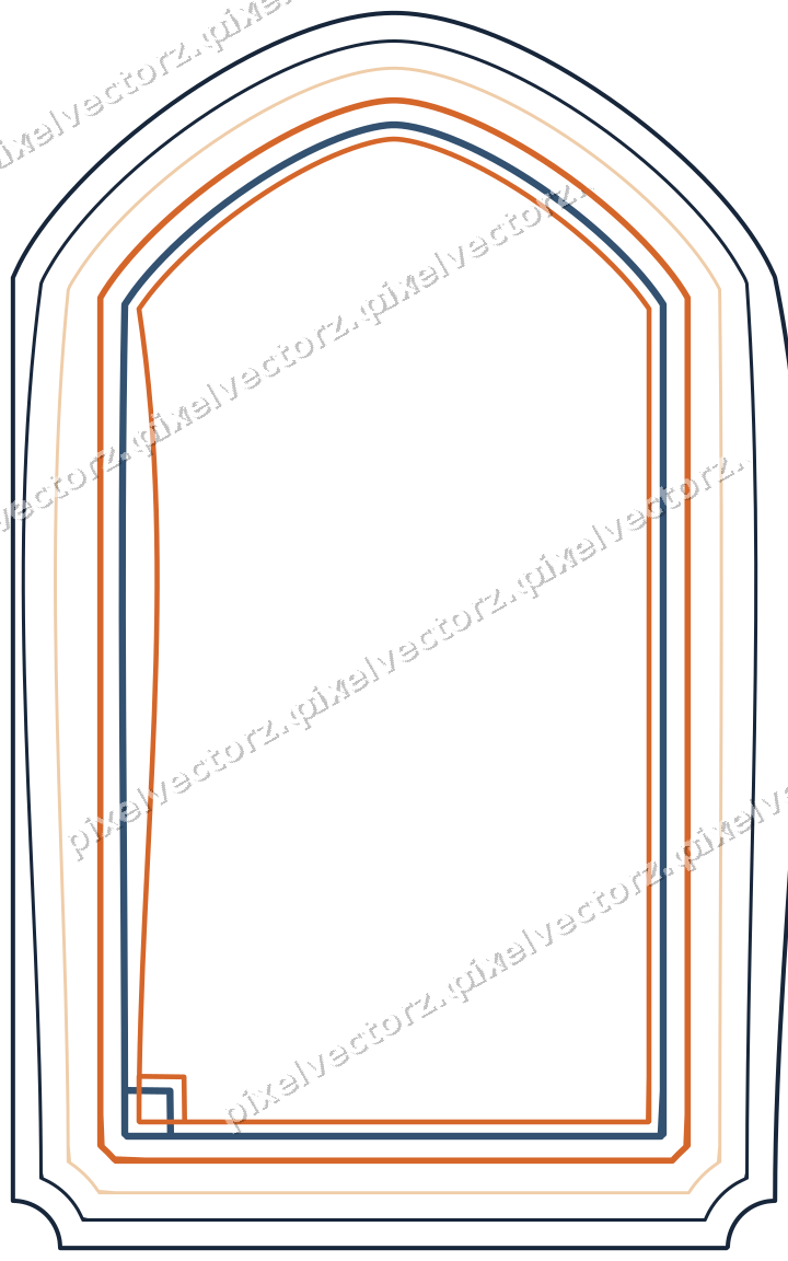 Decorative line art frame in dark blue and orange with label plaque