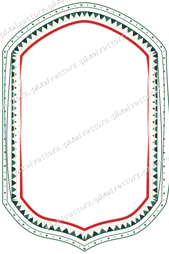 Decorative line art frame in dark green and red with label plaque