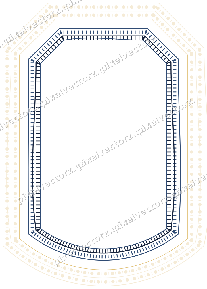 Decorative line art frame in dark blue and amber with label plaque
