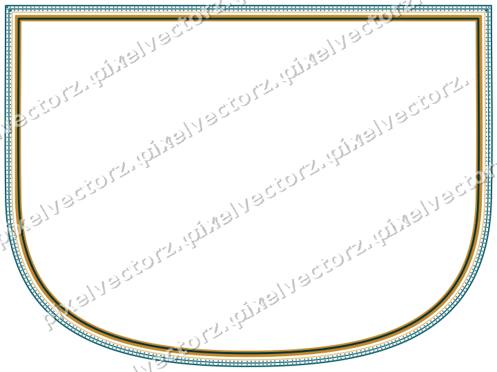 Decorative line art frame in amber and dark teal with shield