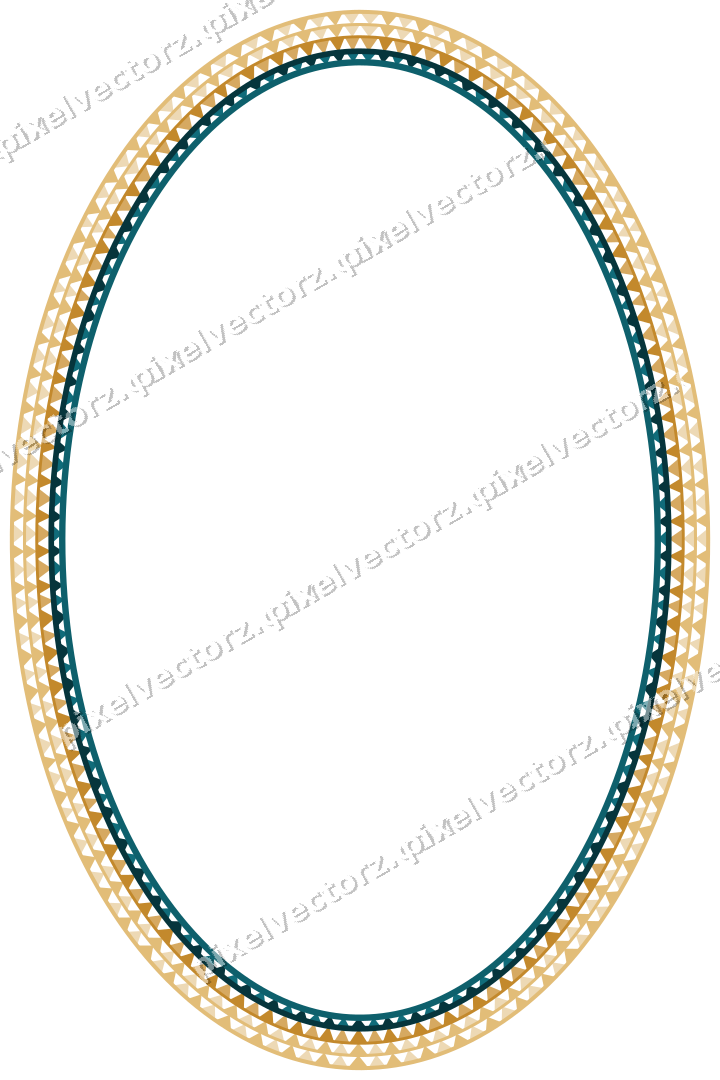 Decorative line art frame in amber and dark teal with oval and dentil