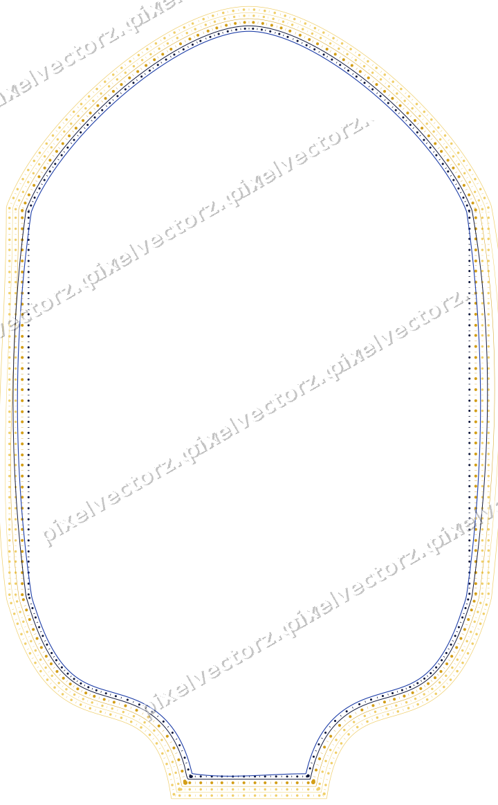 Decorative line art frame in amber and blue with label plaque