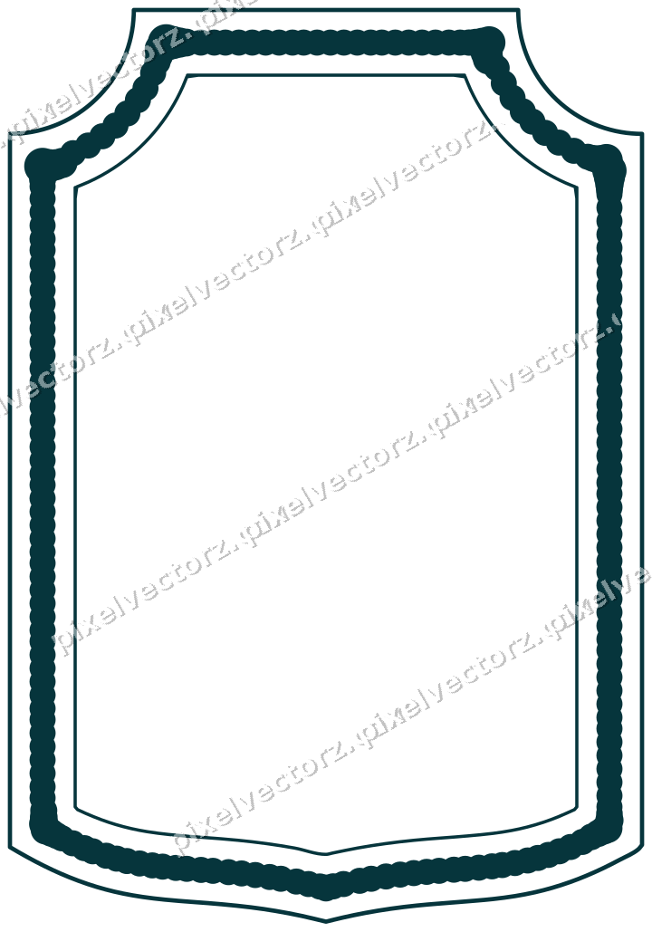 Decorative line art frame in amber and dark teal with label plaque