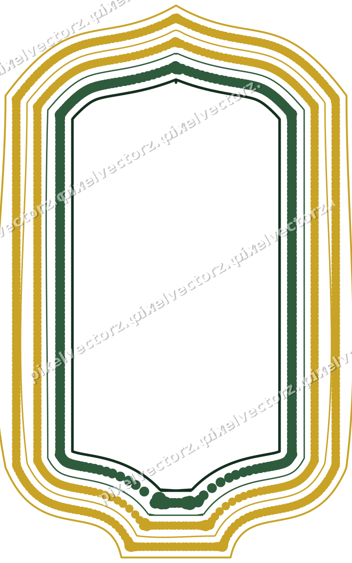 Decorative line art frame in dark green and amber with label plaque