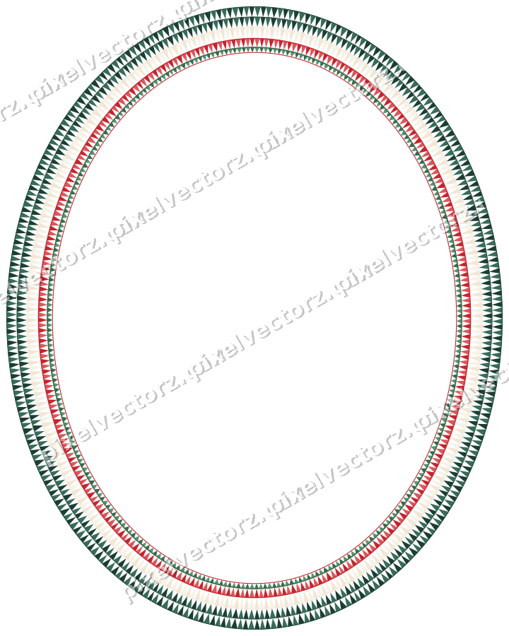 Decorative line art frame in dark green and red with oval and dentil