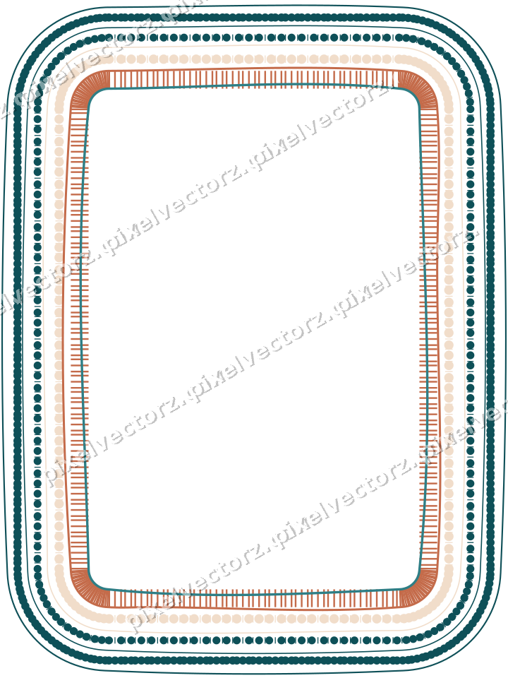 Decorative line art frame in dark teal and orange with label plaque
