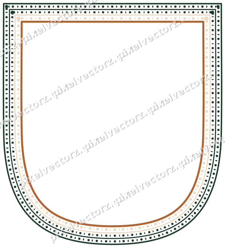 Decorative line art frame in dark green and orange with shield