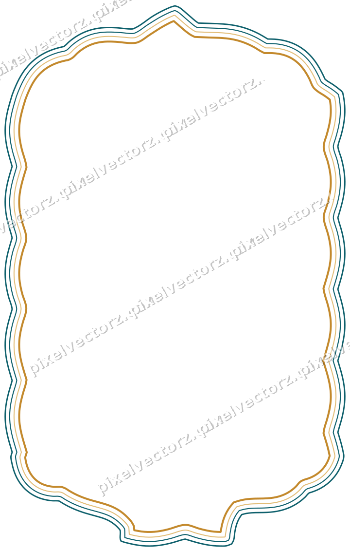 Decorative line art frame in amber and dark teal with label plaque