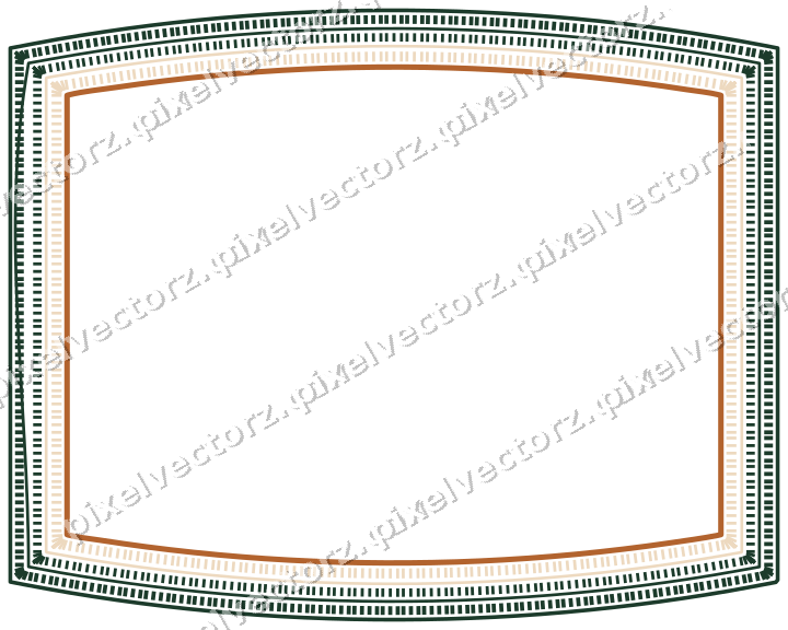 Decorative line art frame in dark green and orange with label plaque