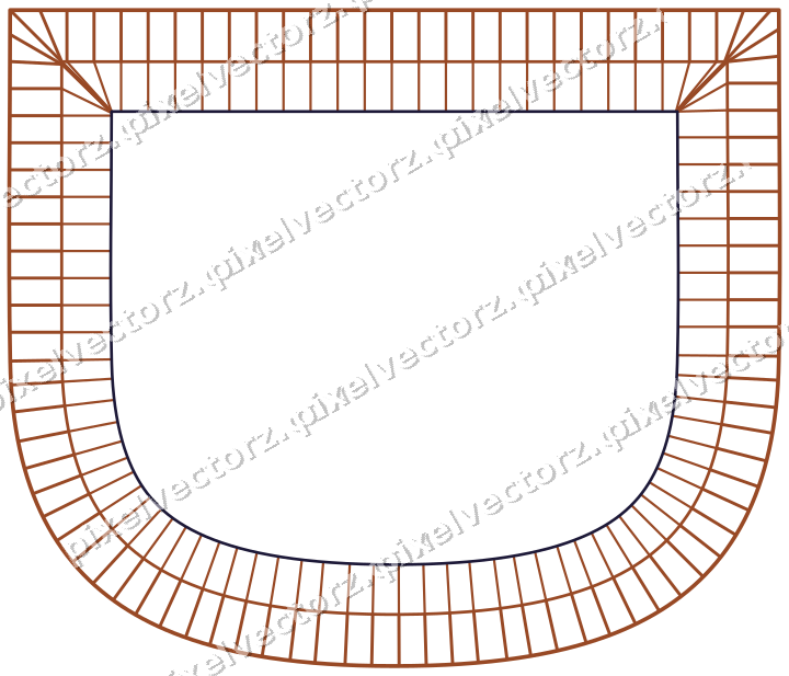 Decorative line art frame in orange and blue with shield and hatching