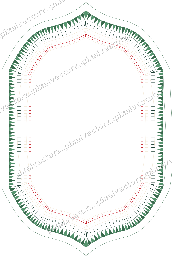 Decorative line art frame in dark green and red with label plaque