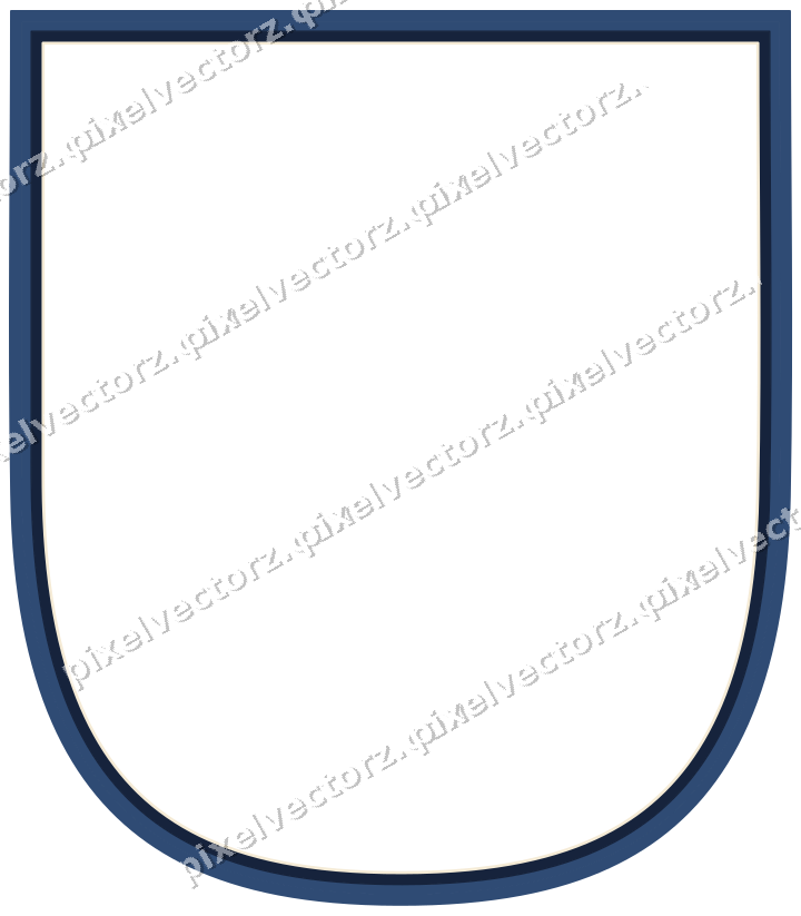 Decorative line art frame in dark blue and amber with shield