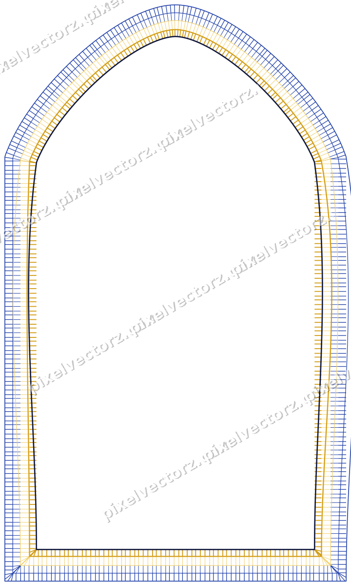 Decorative line art frame in amber and blue with label plaque