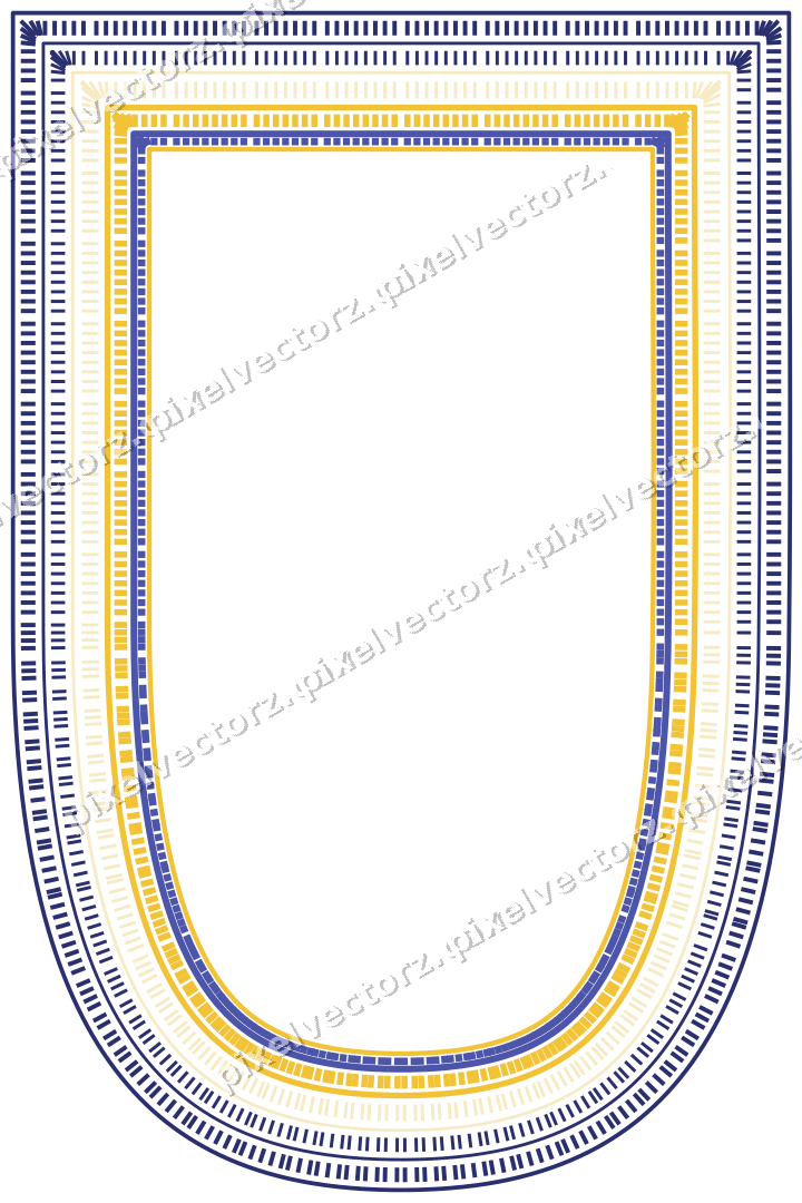 Decorative line art frame in dark blue and amber with shield