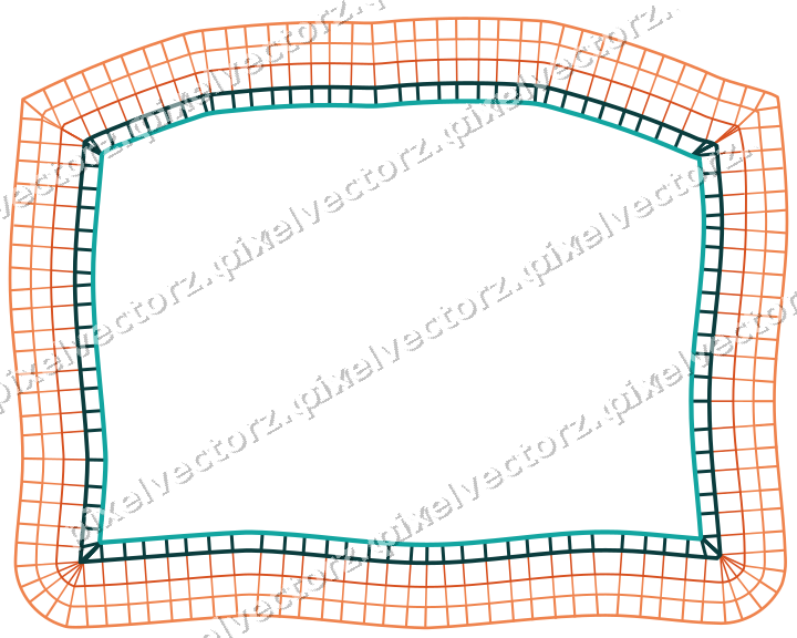 Decorative line art frame in orange and teal with label plaque