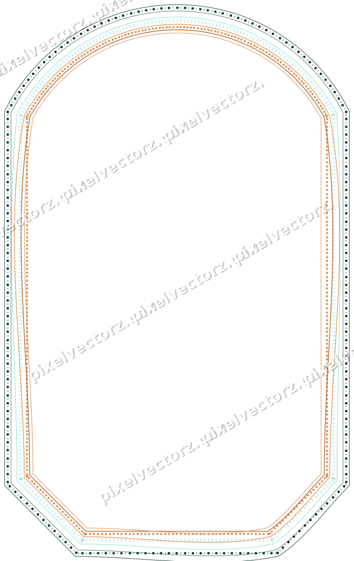 Decorative line art frame in orange and teal with label plaque