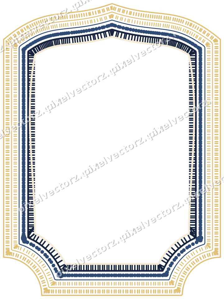 Decorative line art frame in dark blue and amber with label plaque