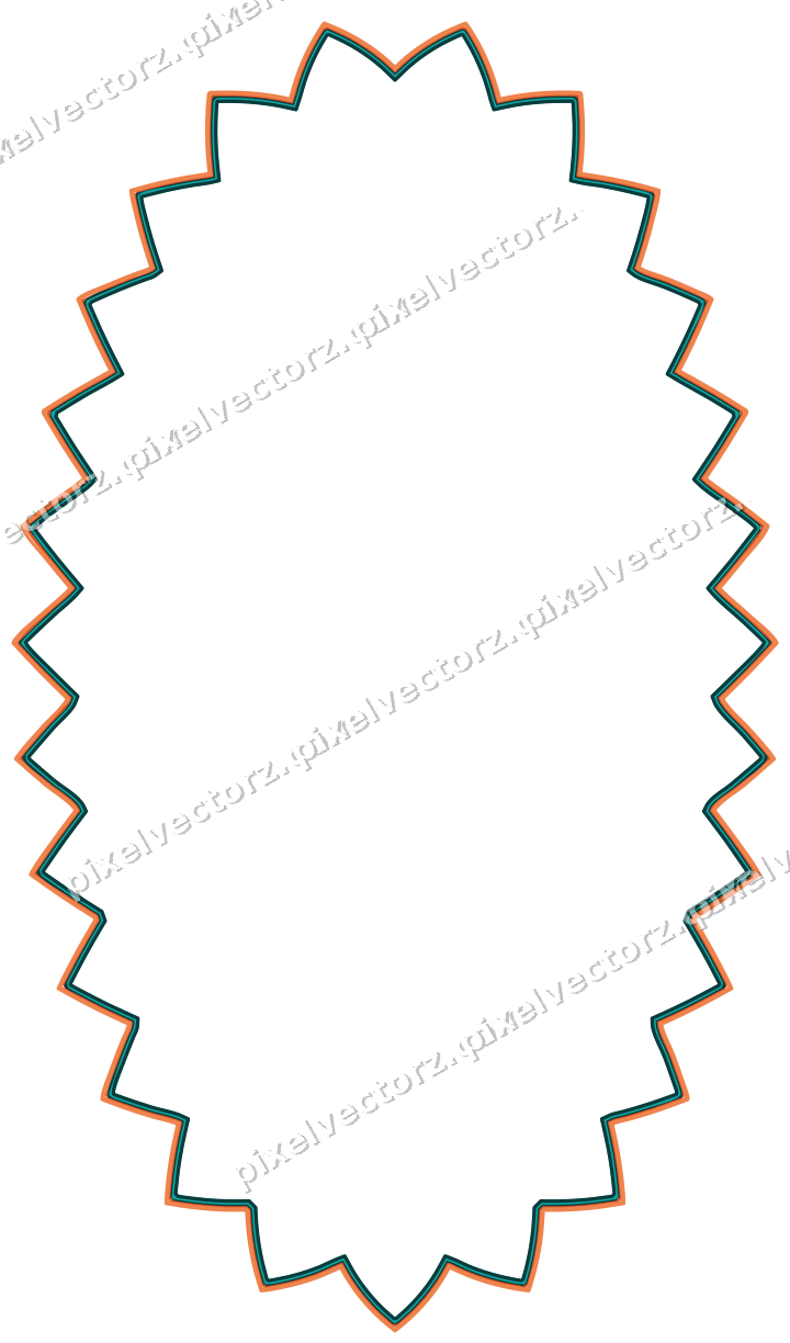 Decorative line art frame in orange and teal with oval and zigzag edge
