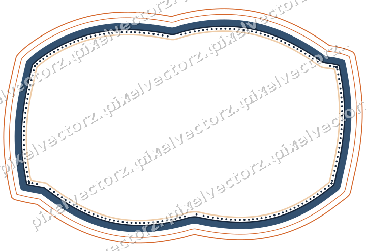 Decorative line art frame in dark blue and orange with label plaque