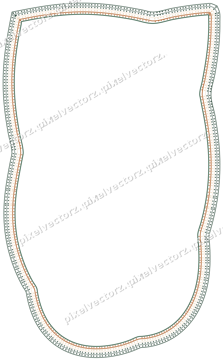 Decorative line art frame in dark green and orange with shield