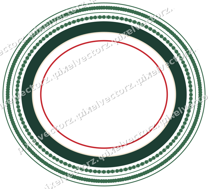 Decorative line art frame in dark green and red with oval