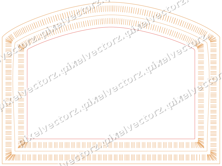 Decorative line art frame in red and orange with label plaque