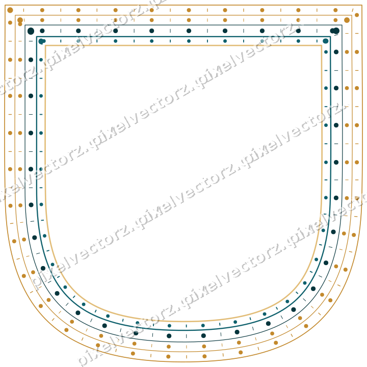 Decorative line art frame in amber and dark teal with shield