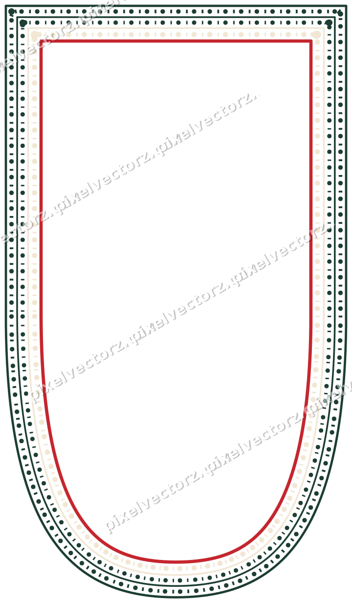 Decorative line art frame in dark green and red with shield