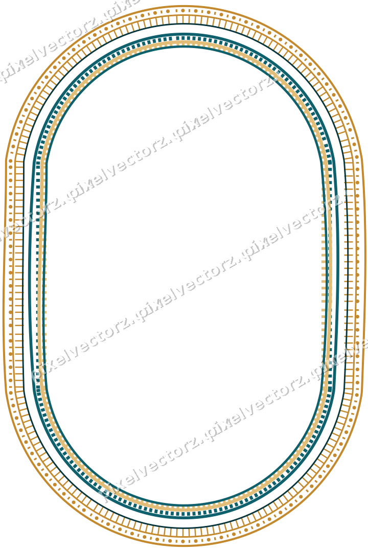 Decorative line art frame in amber and dark teal with label plaque