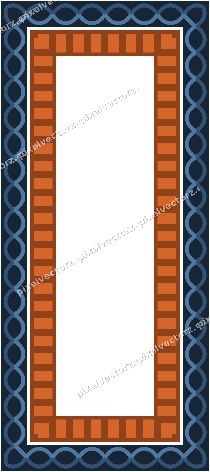 Decorative picture frame border in dark blue and orange with dentil