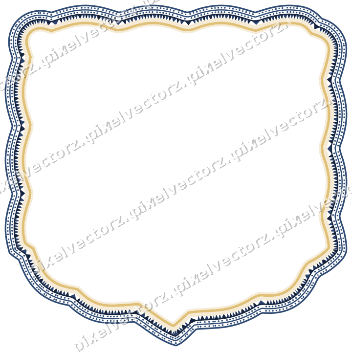 Decorative line art frame in dark blue and amber with label plaque
