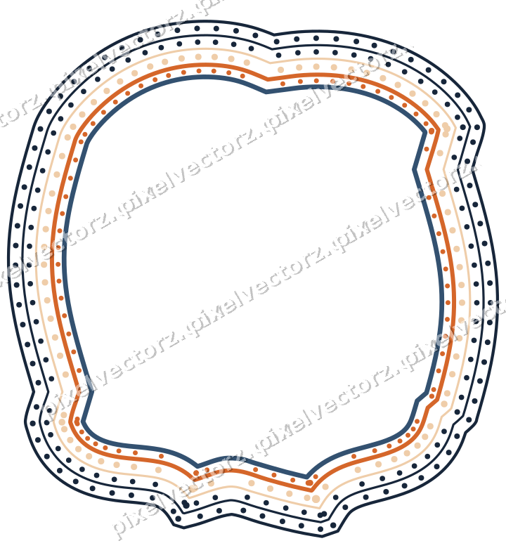 Decorative line art frame in dark blue and orange with label plaque