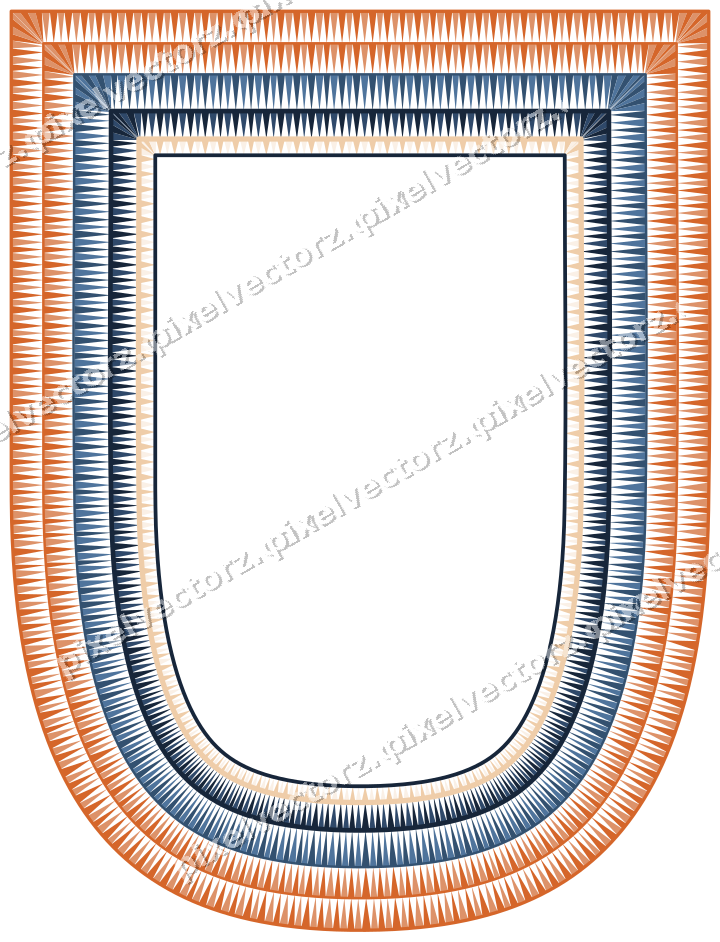 Decorative line art frame in dark blue and orange with shield