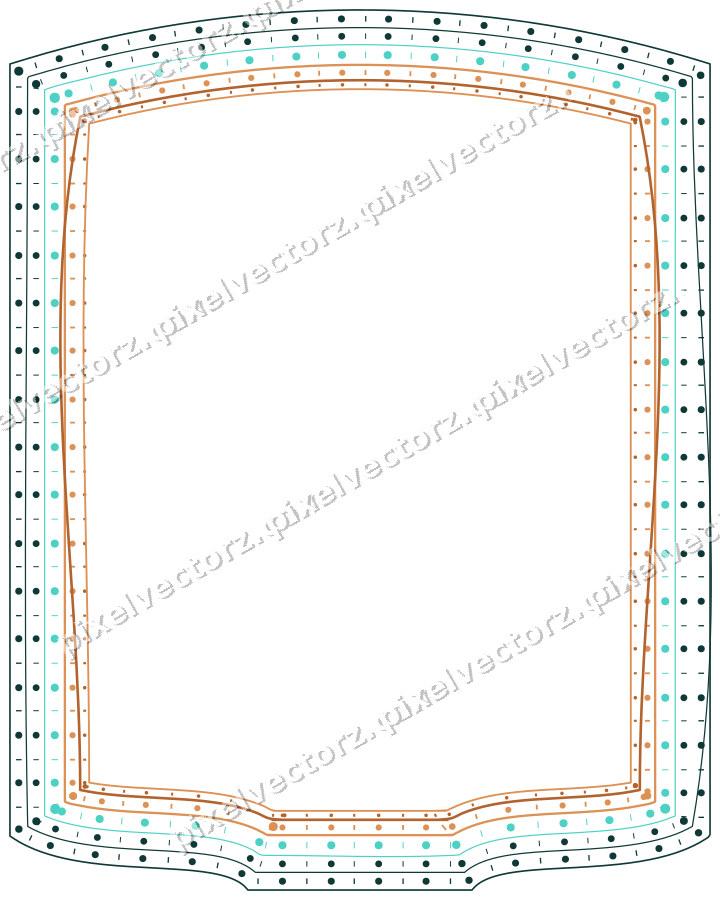 Decorative line art frame in orange and teal with label plaque