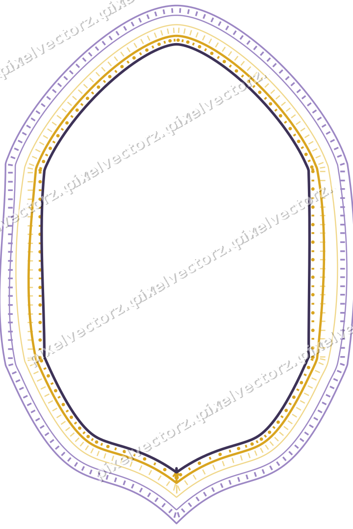 Decorative line art frame in amber and purple with label plaque