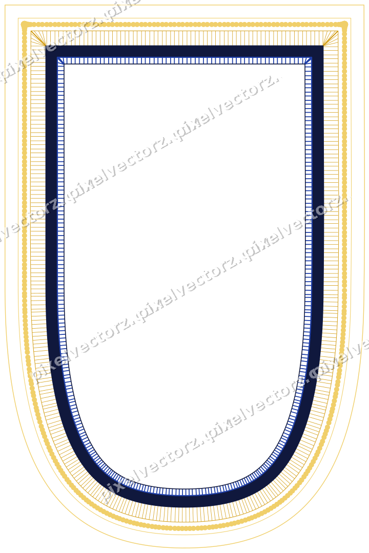 Decorative line art frame in amber and blue with shield
