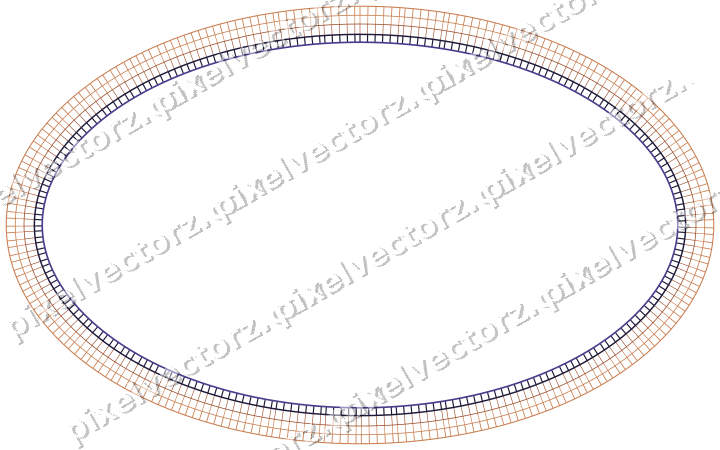 Decorative line art frame in orange and blue with oval and hatching
