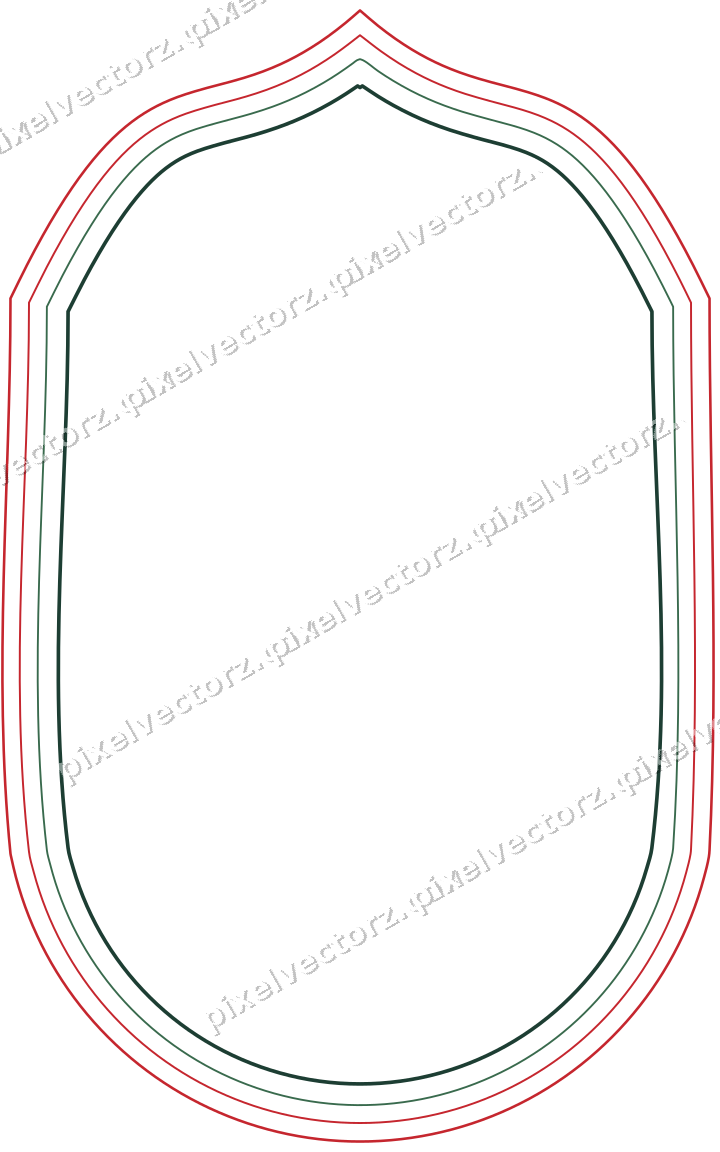 Decorative line art frame in dark green and red with label plaque