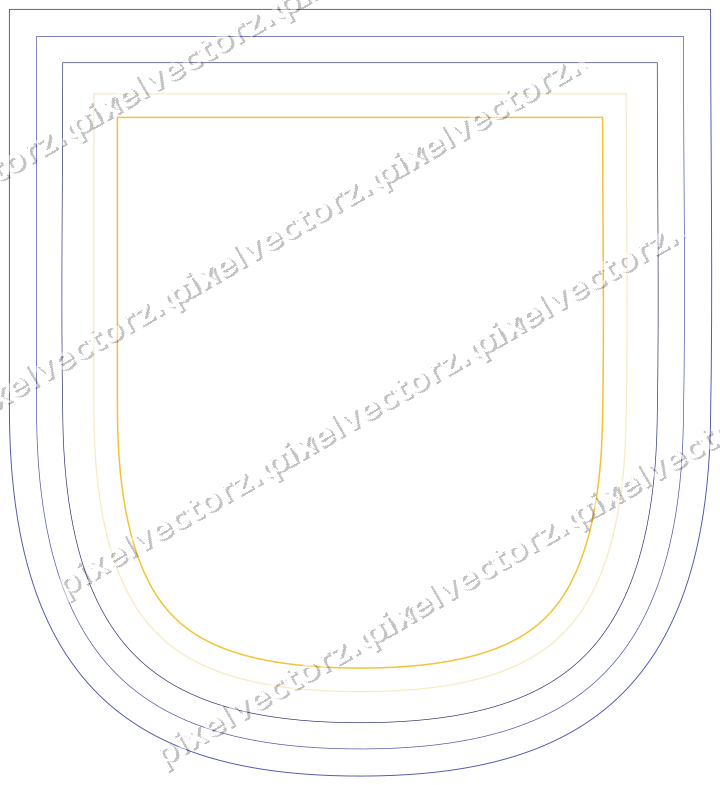 Decorative line art frame in dark blue and amber with shield