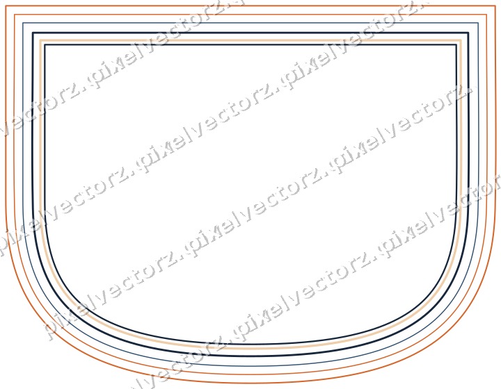 Decorative line art frame in dark blue and orange with shield