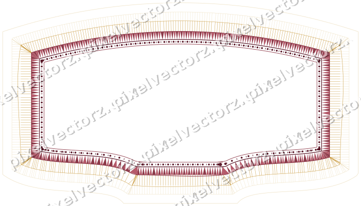 Decorative line art frame in dark pink and amber with label plaque